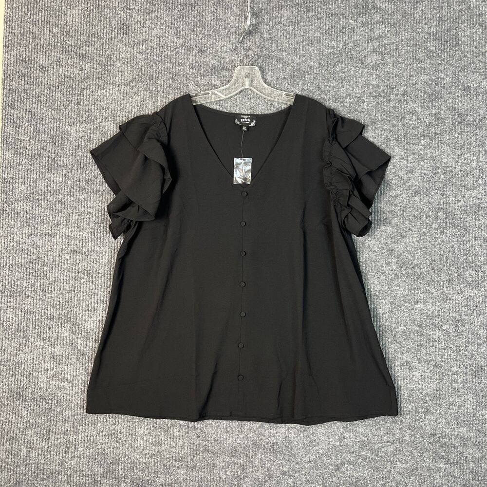 Perch Womens Blouse Size 3X Black Sheer Ruffle Sleeve Button Front Bohemian